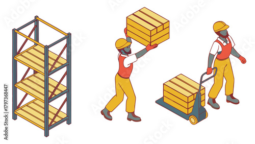 Isometric view of workers handling boxes with a shelf and a cart in a warehouse setting shows logistics