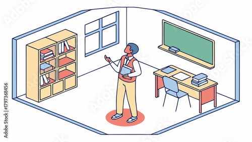 Illustration of a teacher in a classroom with a bookshelf, desk, chalkboard, and a large window