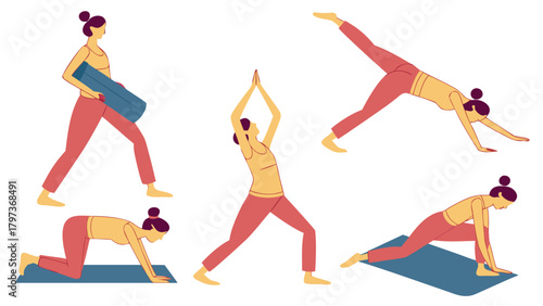 Illustration of a woman in various yoga poses including warrior tree and downward dog on white background
