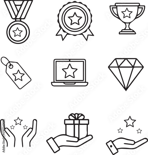 Achievement and Reward Icons Set – Black and White Line Symbols of Success, Recognition, and Excellence
