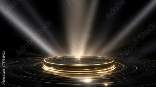 Elegant Golden Podium With Circular Ripples And Dramatic Spotlight Effect In Dark Space With Floating Sparkles And Light Rays Creating A Luxurious Award Ceremony Atmosphere