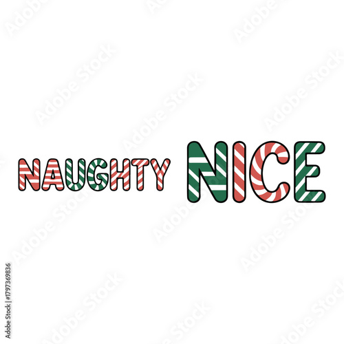 Cute Christmas couple design set with “Naughty” and “Nice” candy cane typography. Perfect for matching shirts, holiday gifts, and vector prints.