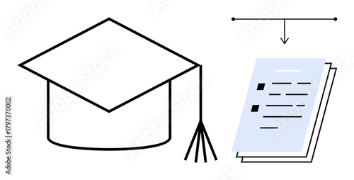 Graduation cap with tassel beside academic documents with an arrow illustrating knowledge flow. Ideal for education, learning, achievement, certification, career growth, teaching, academic success