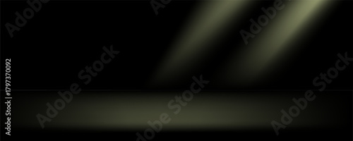 Dark abstract background studio interior room with light and shadow. Minimal luxury product stage platform mock up. 3d render of empty space showroom for business and technology brand placement.