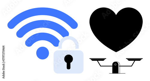 wireless signal icon with padlock for security, heart symbol for care, and scale for balance. Ideal for technology, privacy, connection, emotional health, decision-making, relationships simple flat