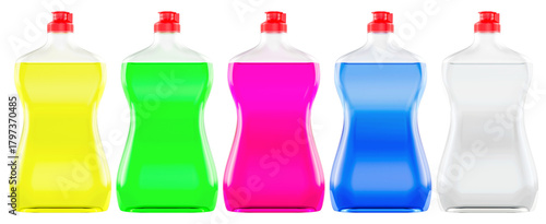 Dishwashing liquid bottles set, different colorful detergent cleaning product. 3D rendering