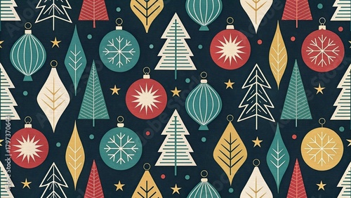 Retro Mid-Century Modern Christmas Motif Seamless Pattern Background.
