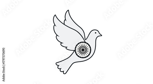 A flying dove of peace with the Indian Ashoka Chakra wheel a black and white line art illustration.