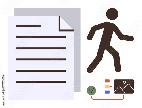Figure moving forward near document, charts, and image placeholder with a checkmark. Ideal for productivity, workflow, planning, progress, goal achievement, organization and efficiency themes