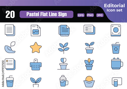 Editorial Icon Set Pastel Flat Line Signs with Document Symbols and Plant Illustrations for Business and Social Media Templates and Design Elements
