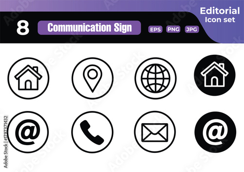 Modern Communication Icon Set Representing Connectivity and Contact Methods for Digital and Print Media with Black and White and Filled Styles