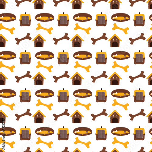 Rest and travel seamless pattern with dog beds, portable carriers, kennels, bones for versatile use
