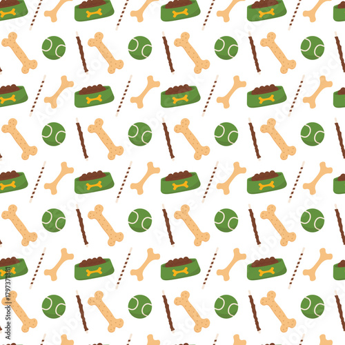Active pet seamless pattern with play balls, crunchy bones, food bowls, treats for packaging
