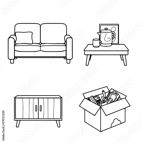 “Design a simple, shadow-free illustration showing four distinct interior items arranged in a grid: a cushioned two-seater sofa, a side table with a rice cooker and coffee cup, a veneer cabinet with a