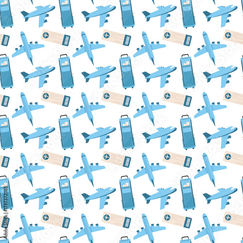 Aviation plane suitcase ticket seamless pattern for modern wallpapers and textiles