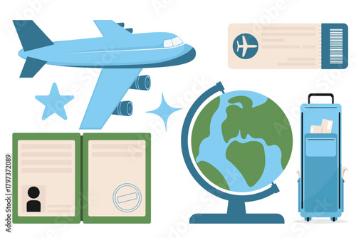 Flight documents and transport set with airplane globe passport ticket, trolley bag for booking pages