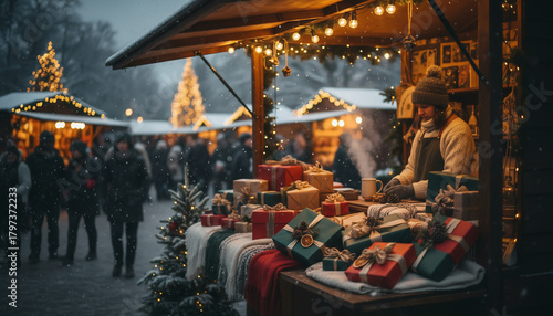 A cozy Christmas market stall decorated with warm lights and festive gifts, surrounded by visitors enjoying the magical winter holiday atmosphere.