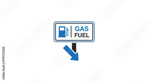 Blue and White Gas Fuel Sign with Arrow Indicating Direction.