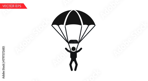 Parachutist Icon: Black Silhouette of a Person Skydiving with a Parachute.