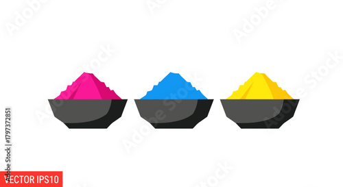 Three Bowls of Colorful Powder Pigments for Holi Festival Celebration.