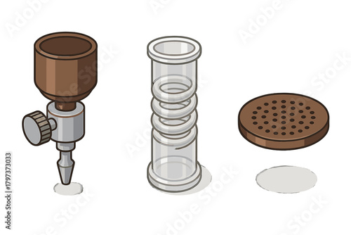 Detailed disassembled components of a specialized laboratory filtration system