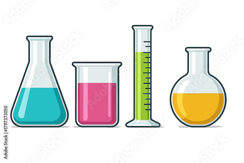 Set of chemistry laboratory glassware filled with colorful chemical liquids
