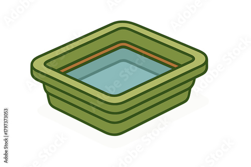 Portable folding wash basin container filled with water, shown in isometric view