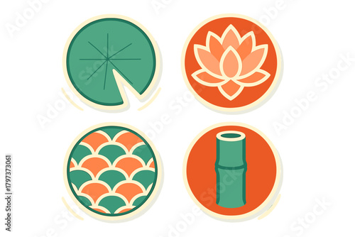 Fototapete Circular icons featuring Asian nature and culture symbols: lotus, bamboo, lily p