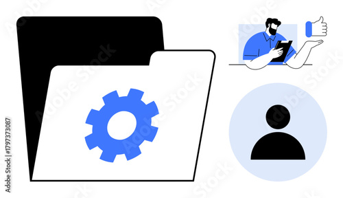 Open folder with gear icon representing file settings, user avatar, and man giving a thumbs up. Ideal for organization, user experience, interface design, professional workflow, feedback systems