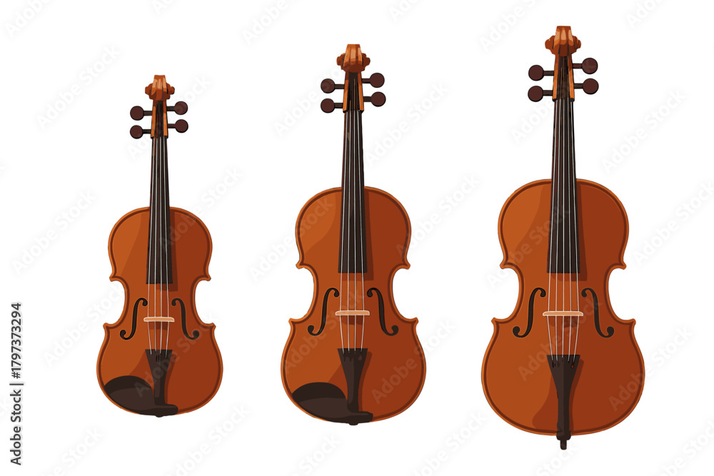 Fototapeta premium Three classical wooden string instruments of different sizes arranged vertically on a clean white background