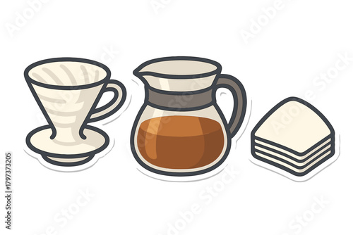 Pour-over coffee brewing equipment set with dripper, glass carafe, and paper filters