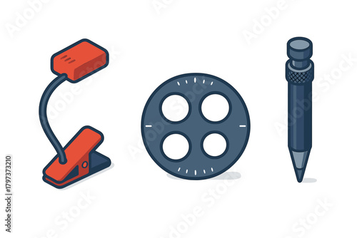 Set of creative tools including mechanical drafting pencil, clip light, and film reel segment