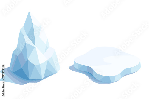 Geometric low poly iceberg and flat ice floe isolated on white background