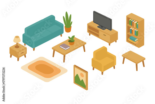Modern isometric living room furniture set including sofa armchair coffee table and home decor elements