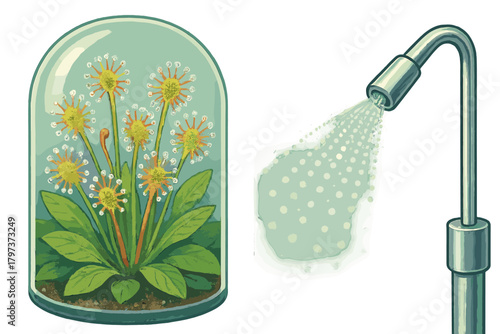 Sundew carnivorous plant in a glass cloche being misted by an automatic watering system nozzle