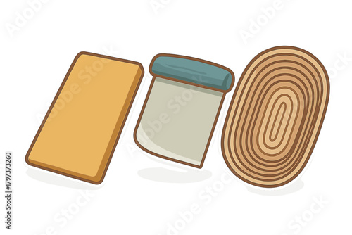 Essential bread baking equipment including wooden cutting board and metal dough scraper
