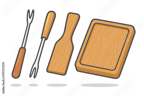 Kitchen utensils set featuring wooden cutting board, serving paddle, and fondue forks on white background