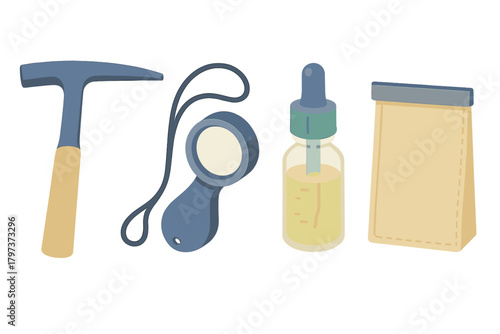 Essential geological field tools: rock hammer, hand lens, dropper bottle, and sample bag