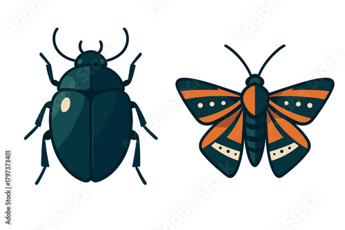 Stylized collection of two insects featuring a dark green beetle and an orange and black moth