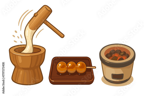 Traditional Japanese sweets preparation tools including mochi pounding mortar and dango skewers