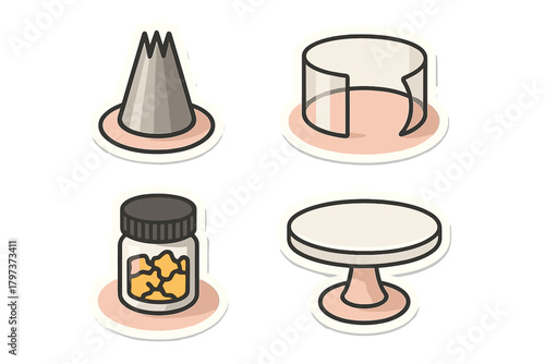 Set of essential baking tools including piping nozzle, cake collar, candy jar, and pedestal stand
