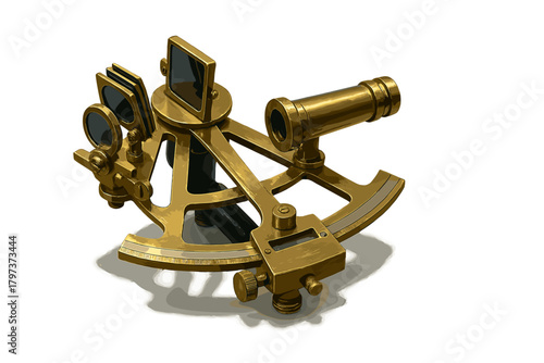 Detailed antique brass sextant used for celestial navigation and measuring angles at sea