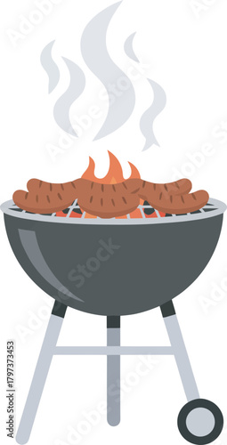 Illustration of a charcoal grill with sausages cooking over flames, with rising smoke.