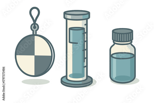 Scientific measurement tools set featuring a graduated cylinder, vial, and testing device