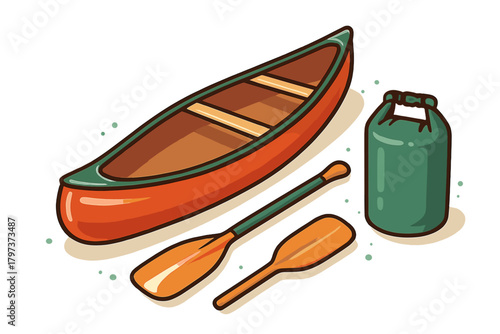 Classic red canoe boat, two wooden paddles, and a green waterproof dry sack for water recreation