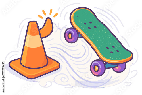 Colorful skateboard and construction cone interacting in a playful high-five gesture