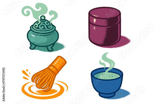 Traditional items for Asian tea ceremony and spiritual practice including matcha, whisk, and incense