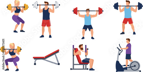 Vector illustration set depicting diverse gym activities, including barbell squats, shoulder press, bench work, and a man using an elliptical machine for fitness training.