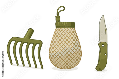 Outdoor survival gear set with hand rake, fishing net bag, and folding pocket knife