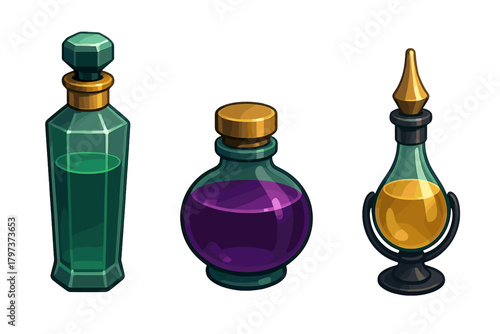 Three fantasy elixir bottles with magical liquids and decorative caps
